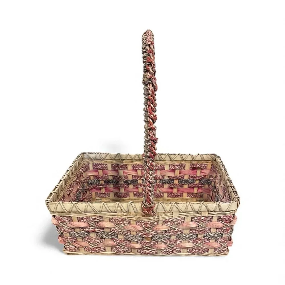 Woven Picnic Basket With Handle - Pink & Beige - 12